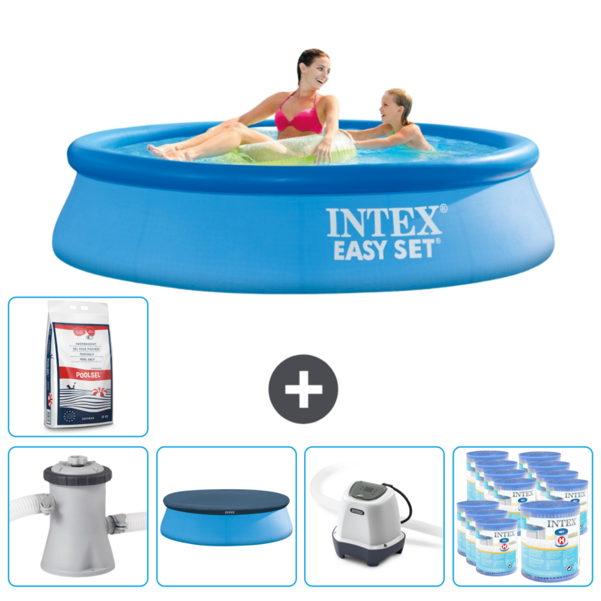 Piscine Intex bleue avec personnes. Comprend produits chimiques, pompe, couverture et accessoires.