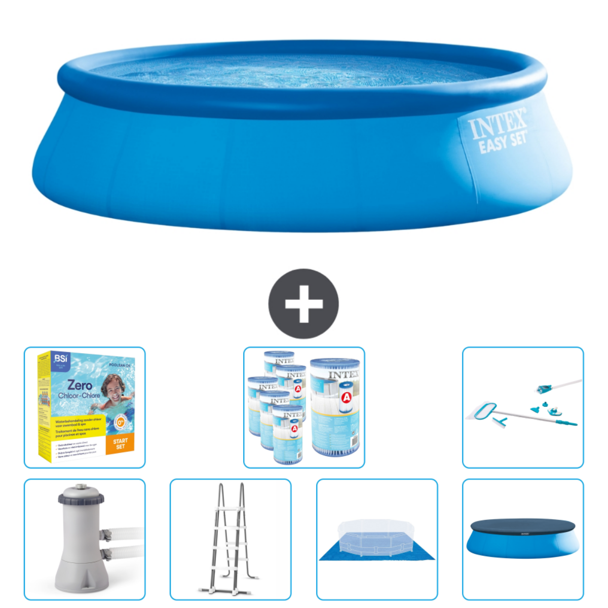 A blue pool with accessories including a cover, chemicals, filter, ladder. The pool is labelled INTEX EASY SET.