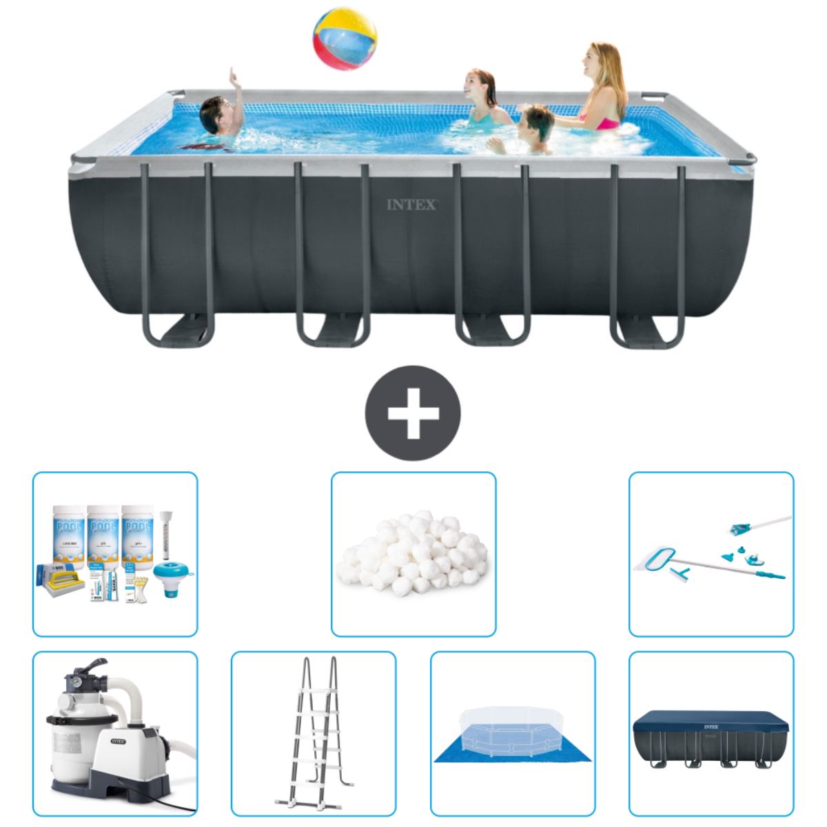 Mensen zwemmen in een donkergrijs Intex-zwembad. Accessoires getoond: chemicaliën, pomp, filter, ladder en zwembadreiniger.