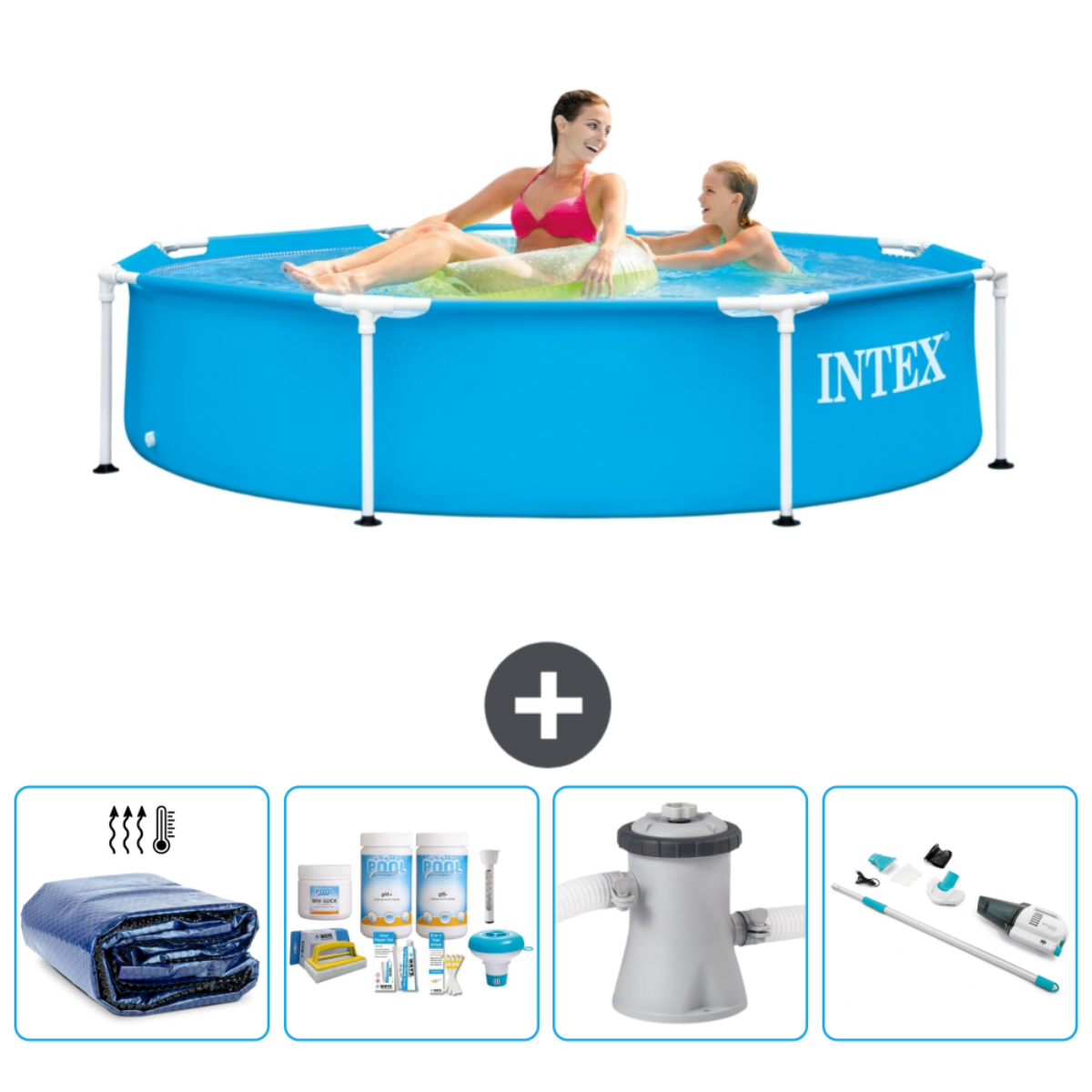 Twee vrouwen in een blauw zwembad. Accessoires: afdekking, chemicaliën, filter en reinigingsset.