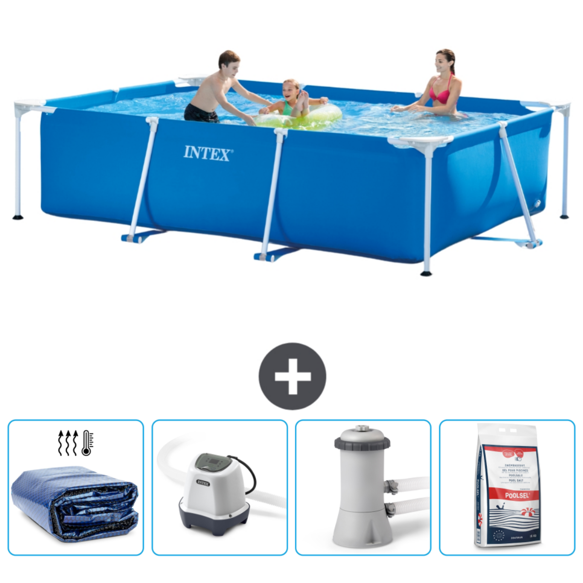 People in a blue pool. Accessories include a cover, a pump, a filter and chemicals.