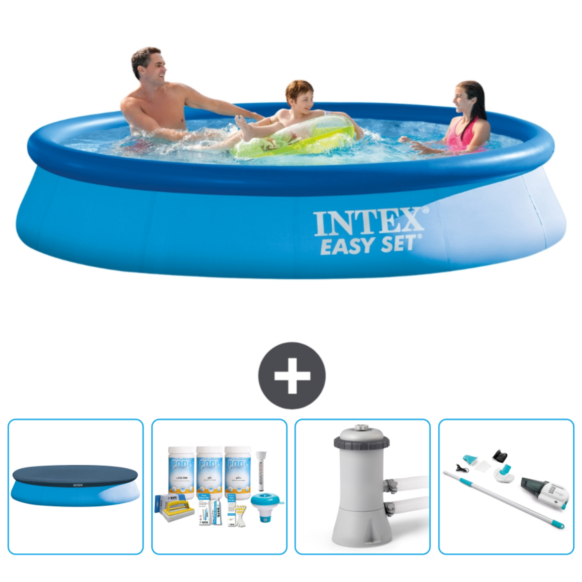 Mensen zwemmen in een blauw Intex Easy Set-zwembad. Accessoires: afdekking, chemicaliën, pomp en schoonmaakaccessoires.