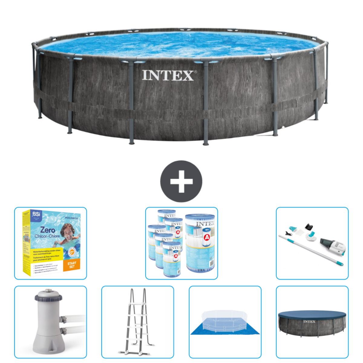 A wooden-style pool with accessories, including chemicals, a ladder, and a cover.