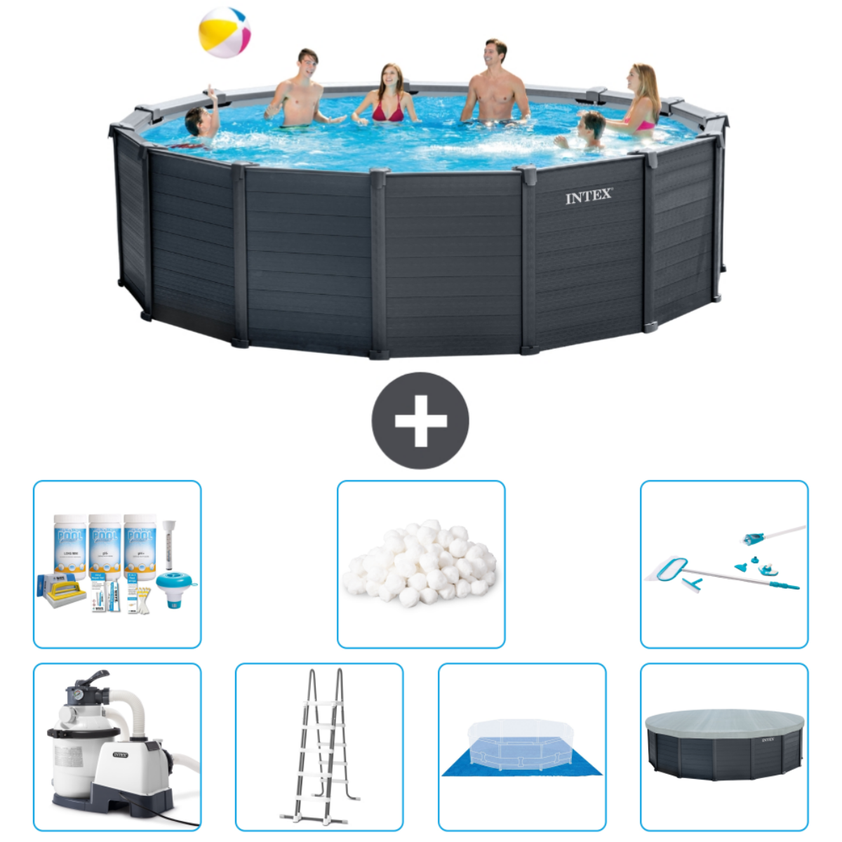 Mensen in een grijs, zeshoekig zwembad, met accessoires zoals chemicaliën en een ladder.