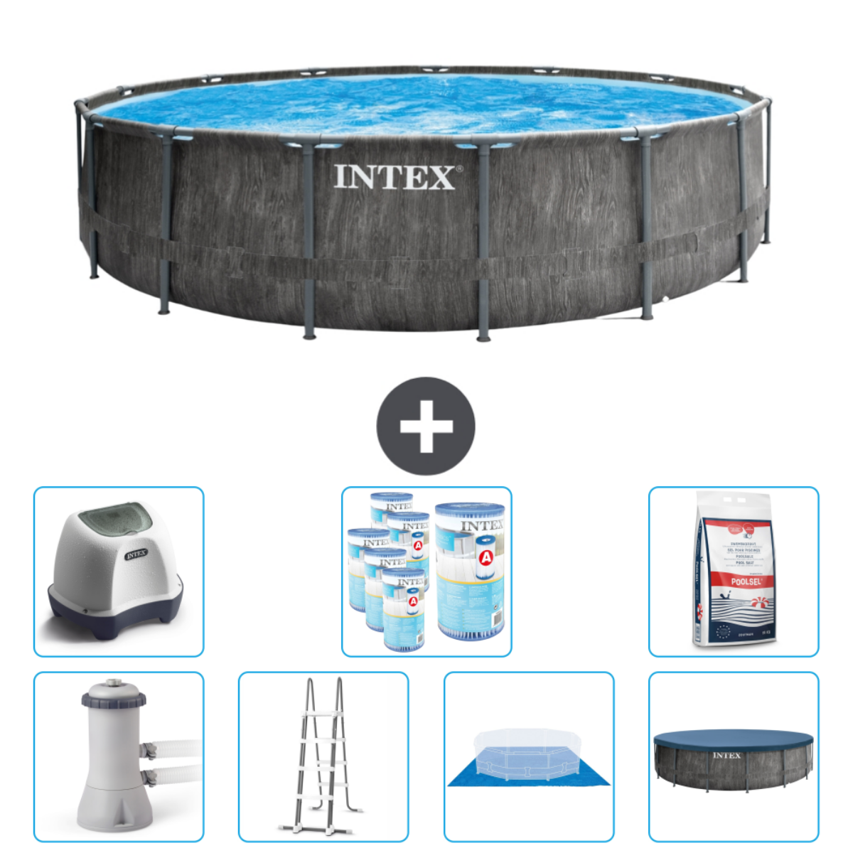Wooden-look pool with accessories: filter, chemicals, ladder, cover, and cleaning tools.