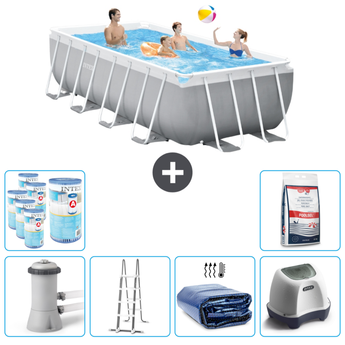 Rectangular Intex pool with people. People are playing with a ball. Includes accessories.