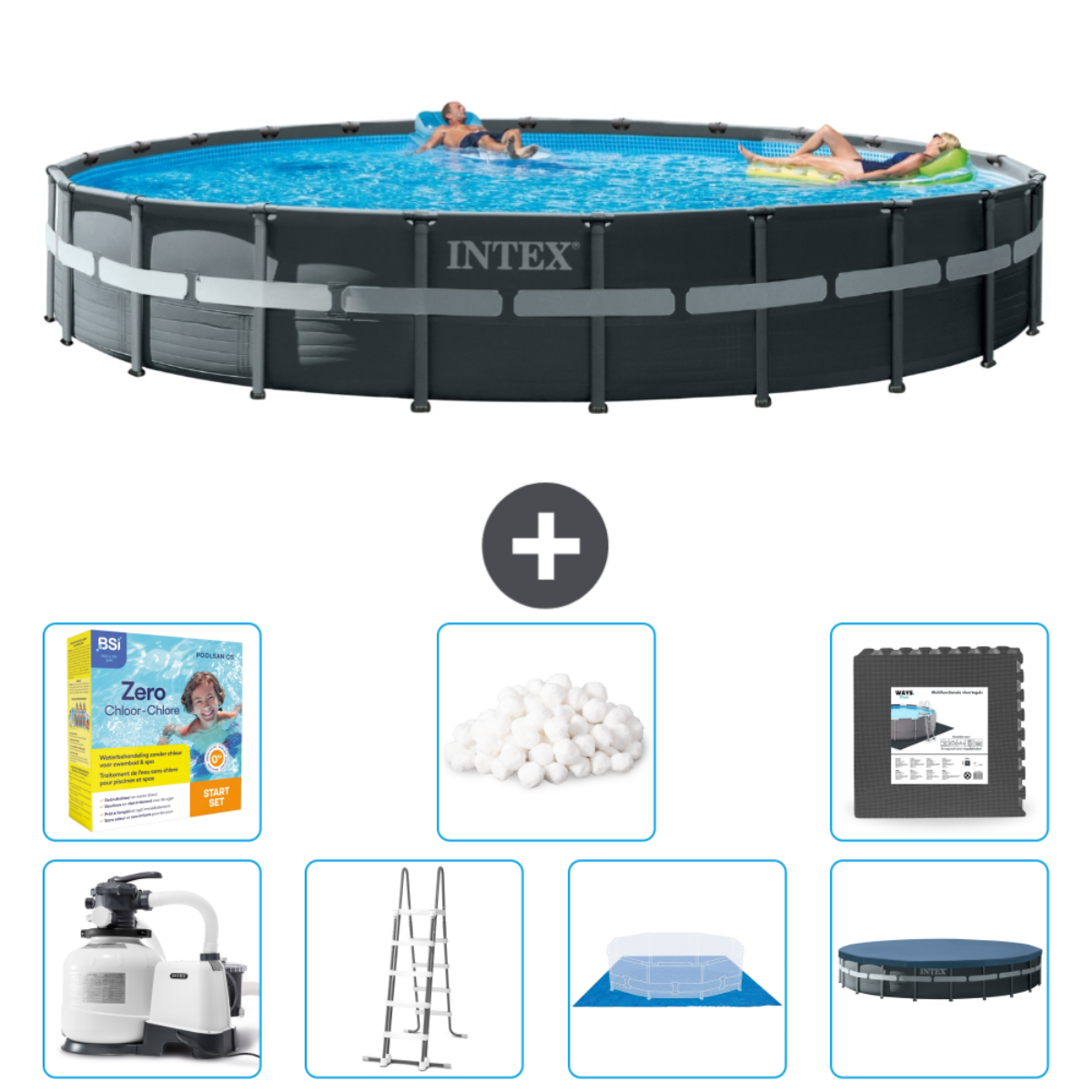 Des gens dans une piscine Intex gris foncé. Accessoires: produits chimiques, échelle, filtre, bâche et tapis mousse.