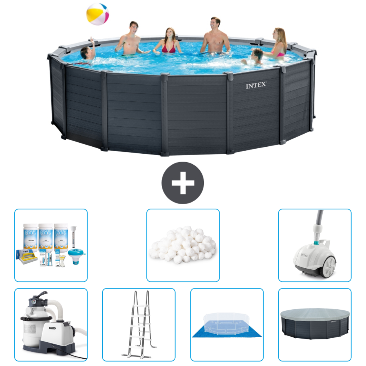 Mensen spelen met een bal in het zwembad. Accessoires: filter, chemicaliën en ladder.