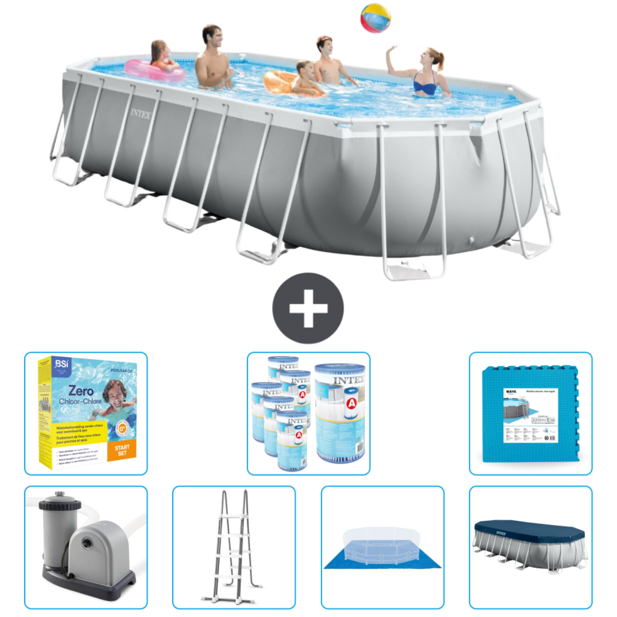 Des personnes dans une piscine rectangulaire avec des accessoires, dont des produits chimiques et une échelle.