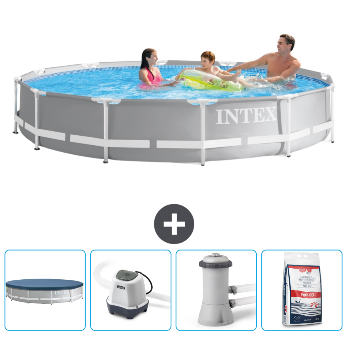 Familie in Intex-zwembad met accessoires. Inclusief afdekzeil, pomp, filter en chemicaliën.