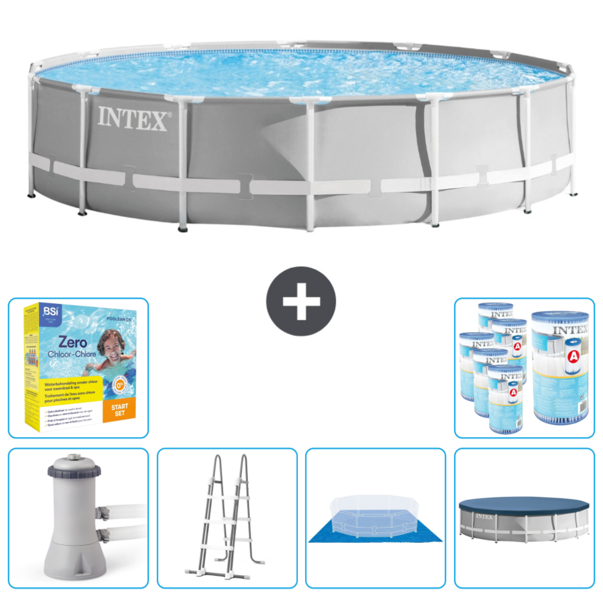 Piscine ronde grise avec accessoires. Comprend des produits chimiques, un filtre, une échelle et une couverture.
