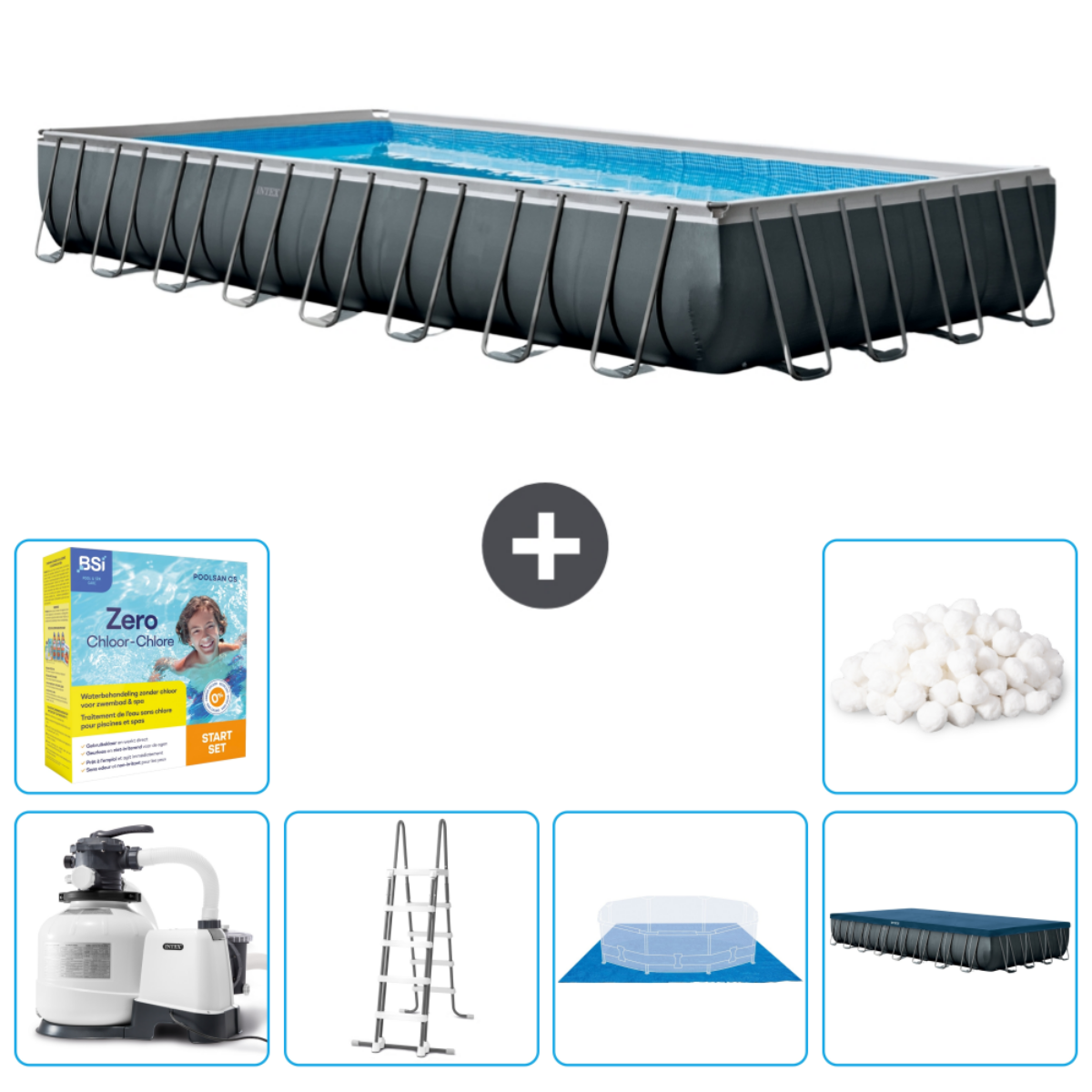 Rechthoekig Intex zwembad met accessoires. Inclusief chemicaliën, ladder, filter en afdekzeil. Klaar voor installatie.