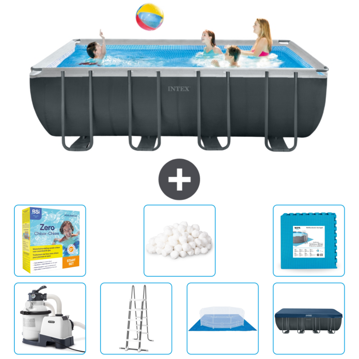 People in a blue Intex pool playing with a ball. Included: filter, chemicals, and cleaning supplies.