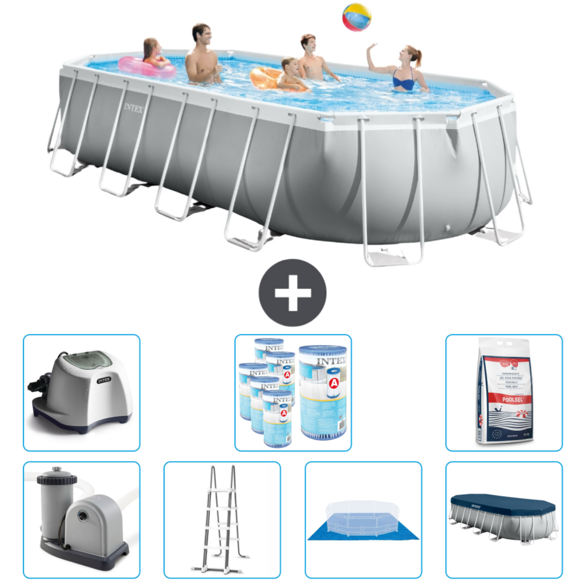 Piscine rectangulaire avec personnes nageant. Accessoires : produits chimiques, pompe, échelle et bâche.