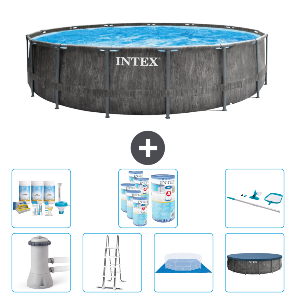 A round pool with wood-like sides. Includes pool supplies: chemicals, ladder, cover, etc.