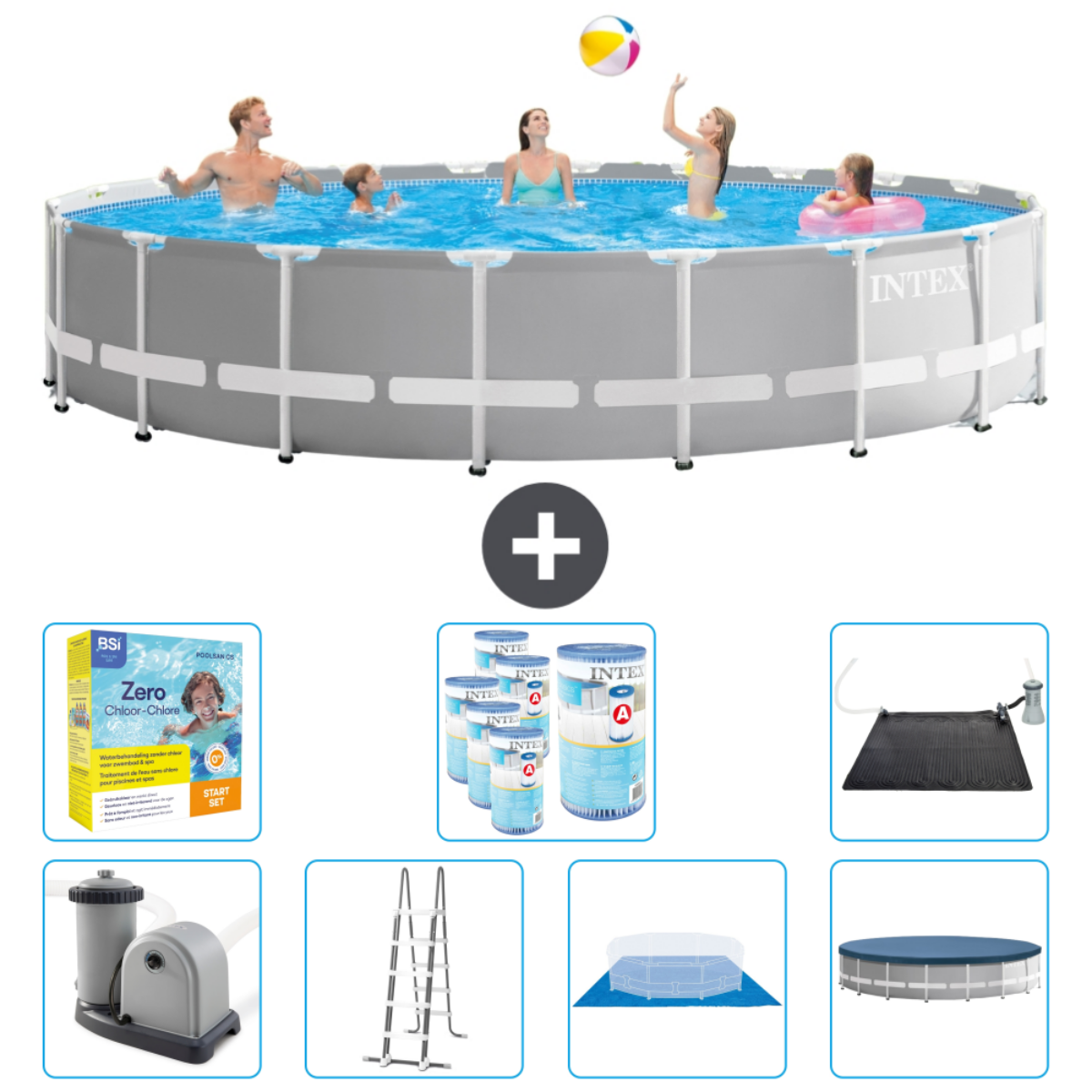 Mensen spelen in grijs zwembad. Accessoires: chemicaliën, schoonmaakgereedschap, ladder, afdekking.