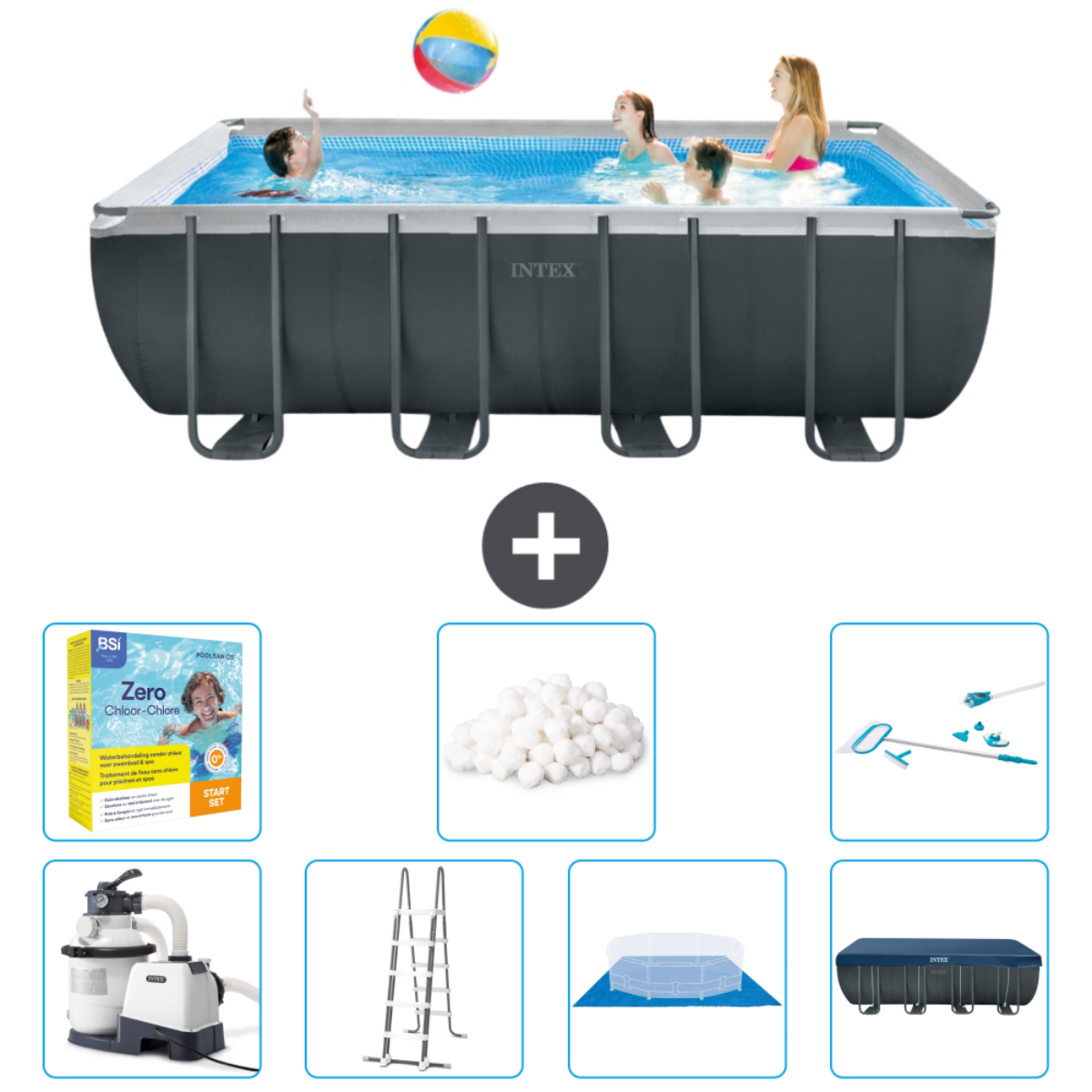 Rechthoekig zwembad met mensen. Inclusief chemicaliën, filter en schoonmaak.