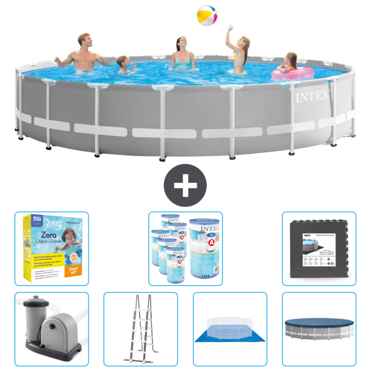 Meerdere mensen die in een zwembad spelen. Accessoires: chemicaliën, afdekking en schoonmaakmat.