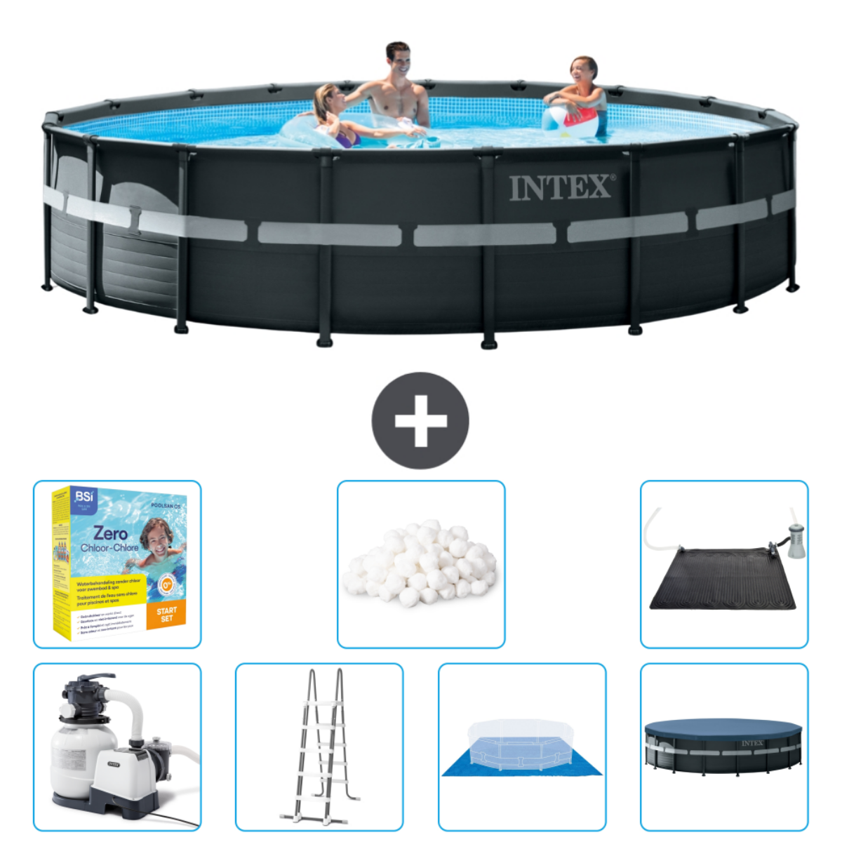 Des gens dans la piscine. Accessoires de piscine. La piscine est noire et porte le logo Intex.