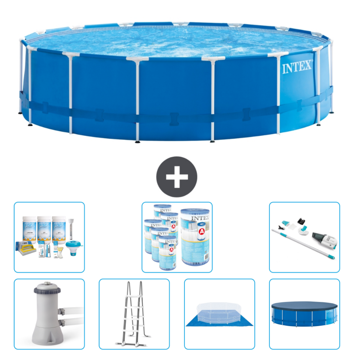 Une piscine Intex bleue avec accessoires : produits chimiques, filtre, échelle, accessoires de nettoyage et pompe.