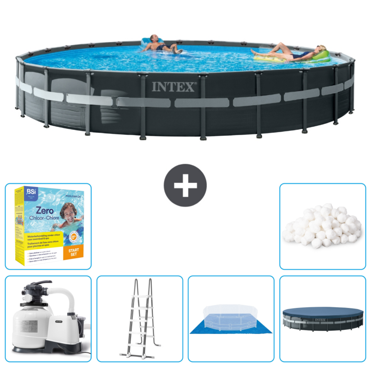 Rond Intex zwembad met zwemmende mensen. Inclusief chemicaliën, ladder, filter, afdekzeil en accessoires.
