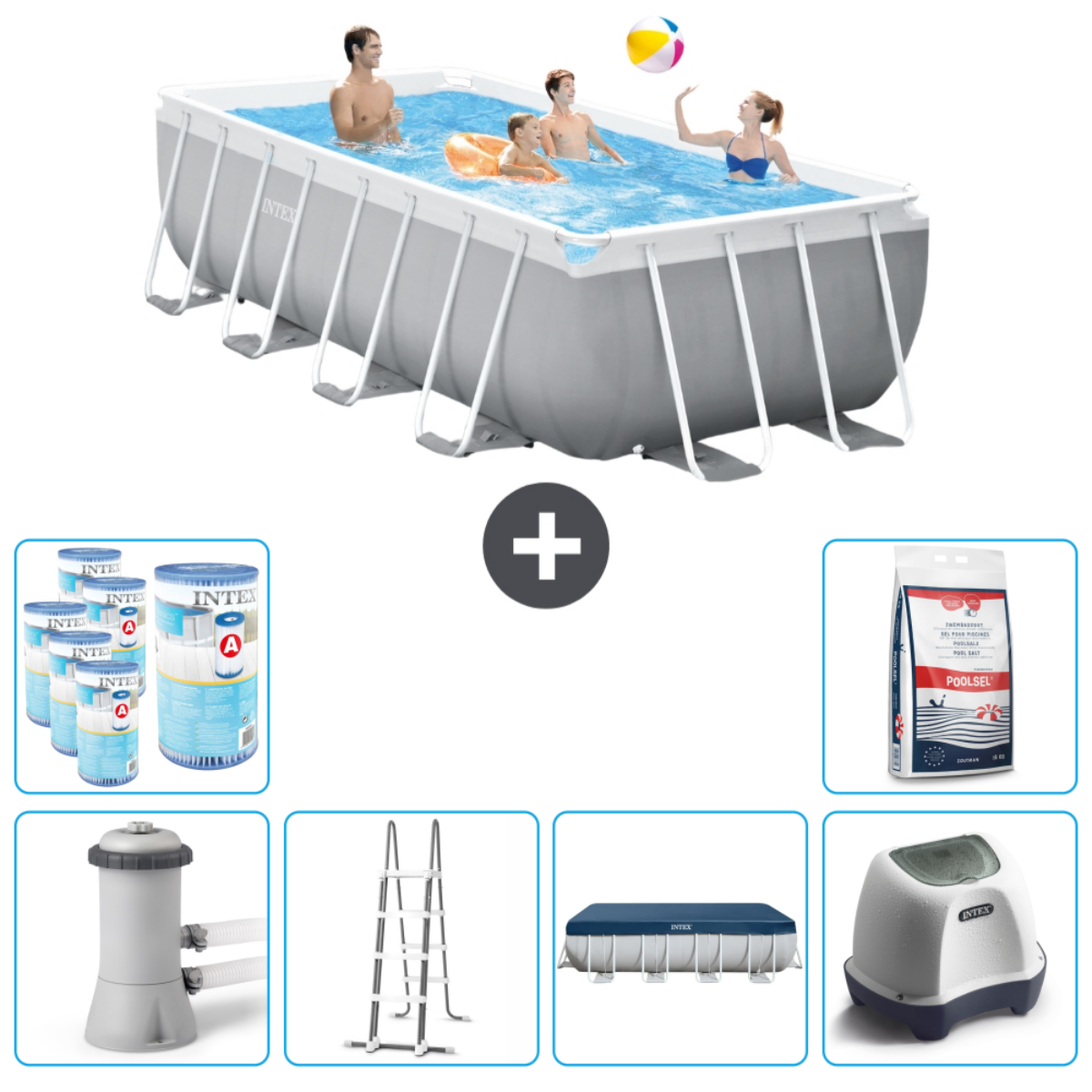 Piscine Intex grise avec personnes. Comprend un ballon, produits chimiques, échelle et accessoires.