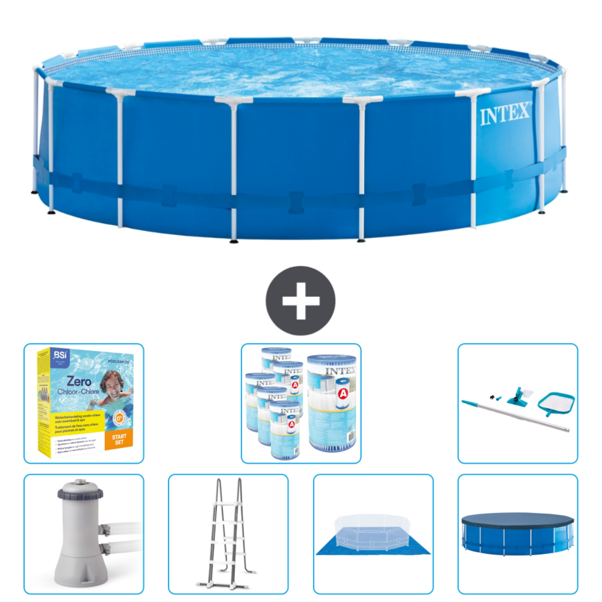 Une piscine ronde bleue avec des gens à l'intérieur, ainsi que des accessoires tels que des produits chimiques et une échelle.