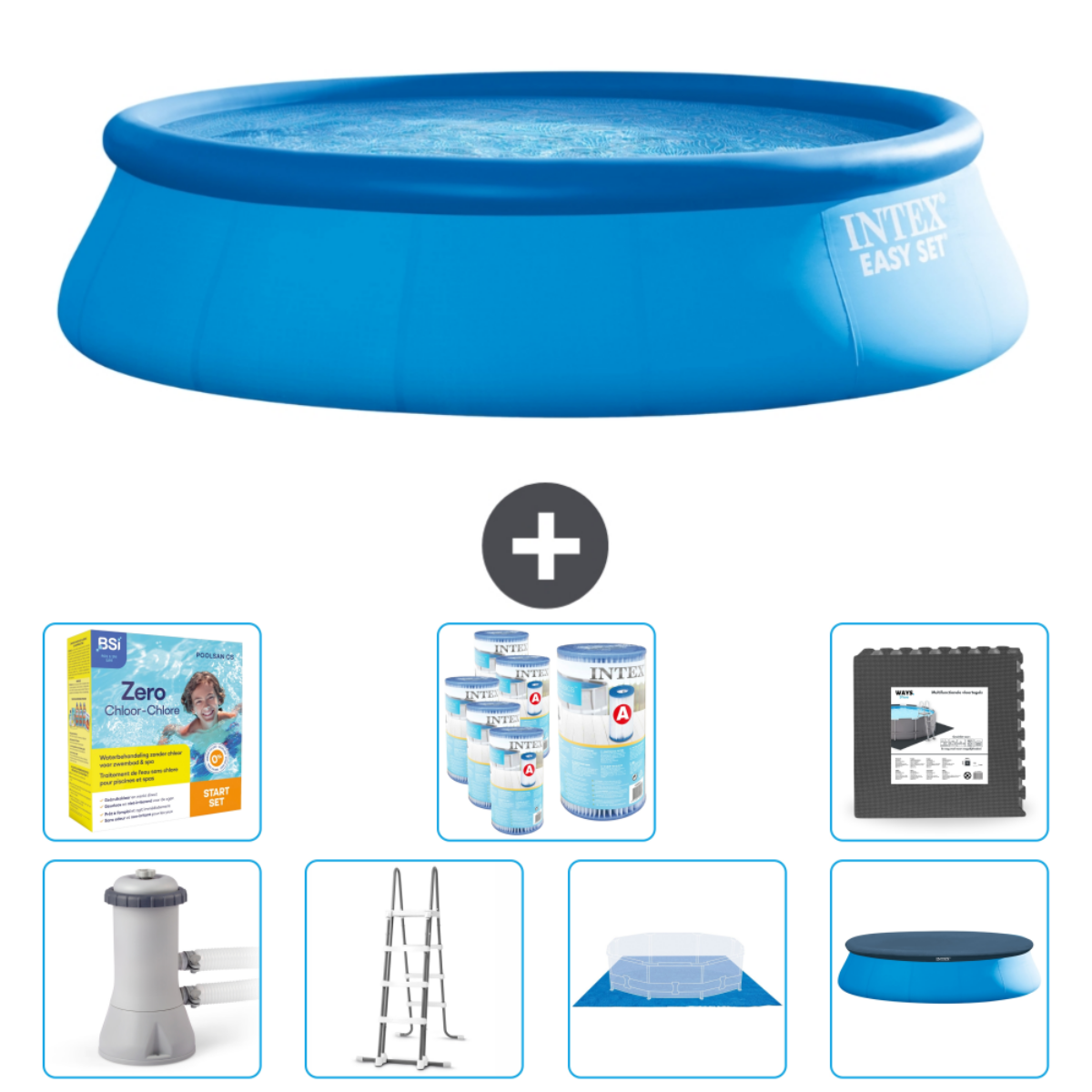 Piscine ronde bleue et accessoires comme produits chimiques, filtre et couverture.