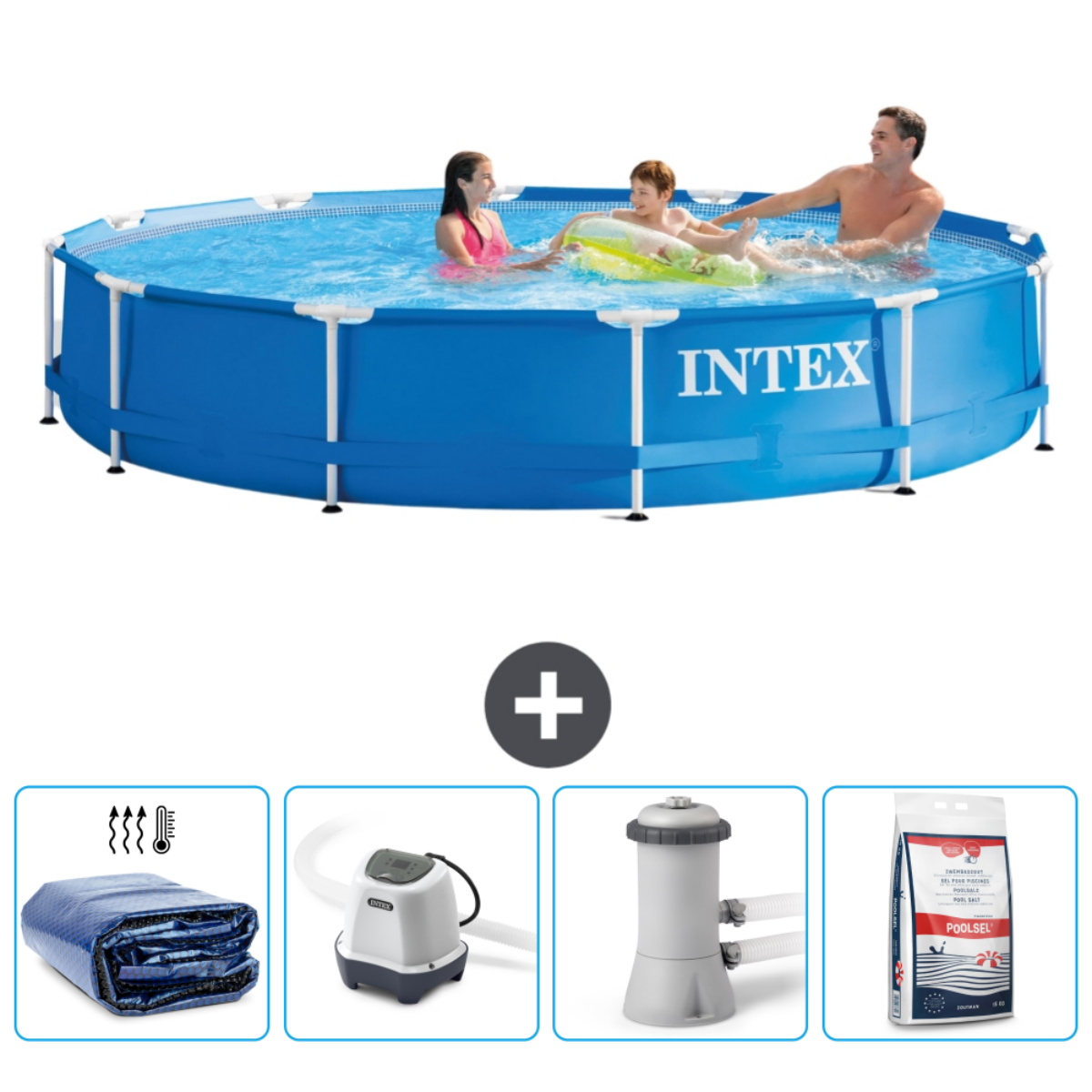 Famille dans une piscine Intex avec accessoires. Inclut bâche, pompe, filtre et produits chimiques.