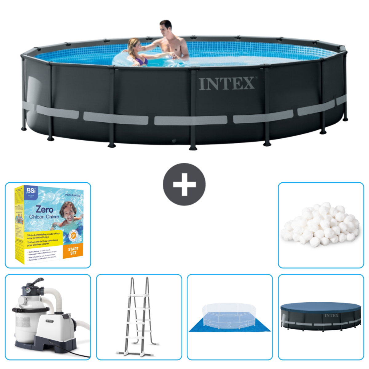 Personnes dans une piscine avec des accessoires comme des produits chimiques, une échelle et une bâche.