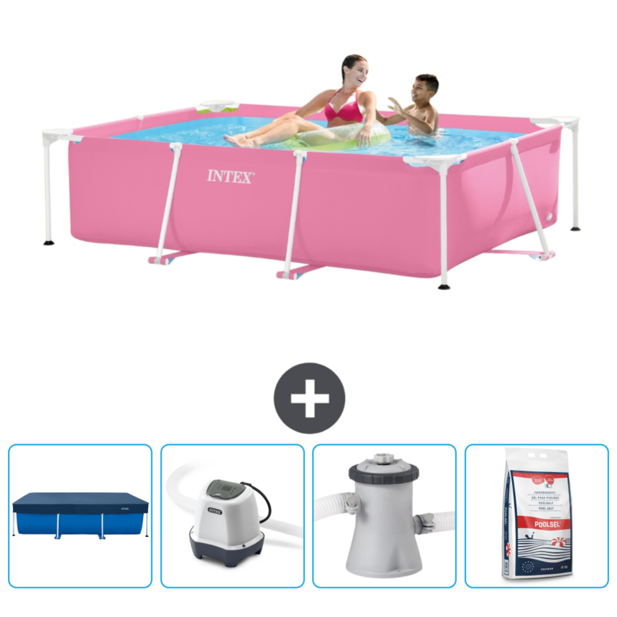 People in a pink rectangular pool. Accessories include cover, pump, filter, and chemicals.