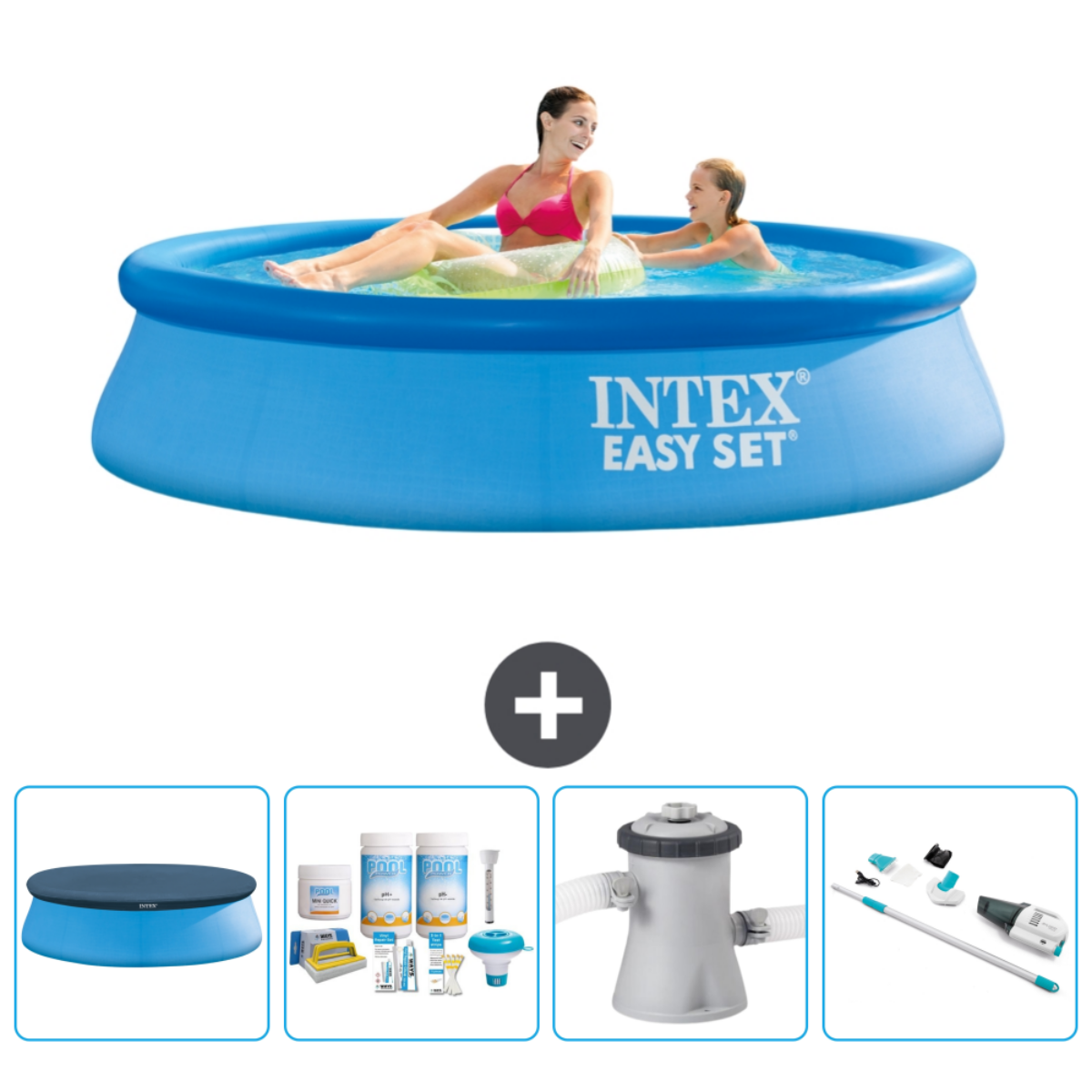 Mensen in een blauw Intex zwembad. Accessoires: afdekking, chemicaliën, filter en schoonmaakgereedschap.