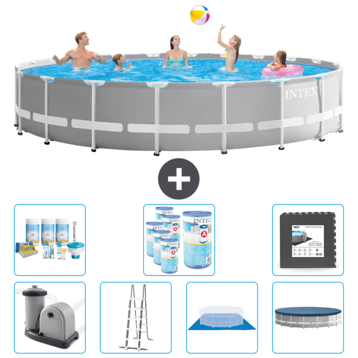 Des gens dans une piscine avec un ballon. Piscine et accessoires ci-dessous.