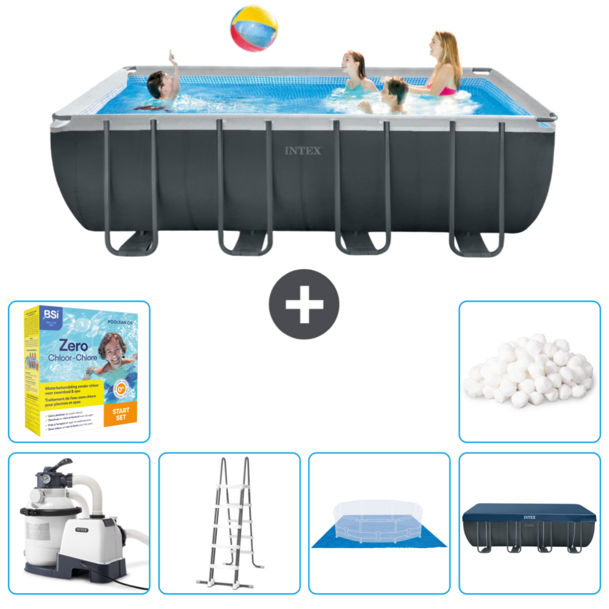 Mensen in een rechthoekig zwembad met accessoires. Zwart zwembad met Intex logo. Strandbal.