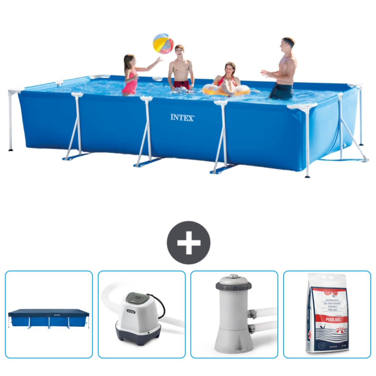 Blue rectangular pool with people inside. Includes accessories such as a pump.
