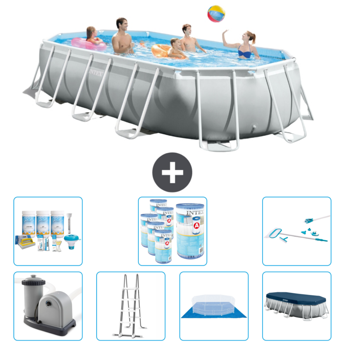 People in a pool playing with a ball, plus pool accessories. Chemicals, cleaning tools, filter, ladder, and covers are shown.