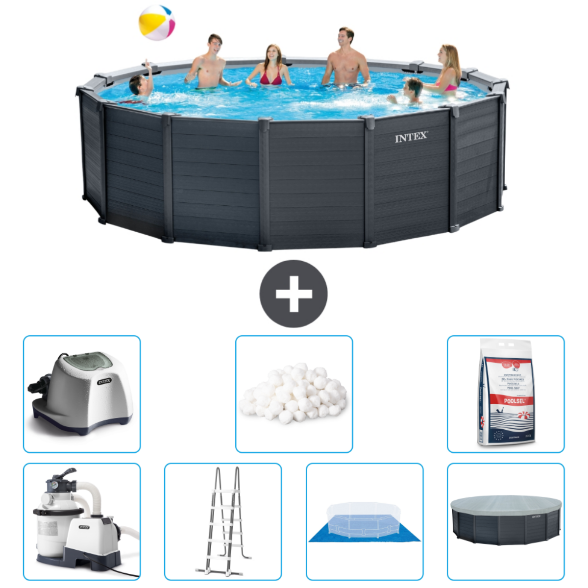 Personnes jouant dans piscine grise. Accessoires: produits chimiques, filtre, échelle, couverture.