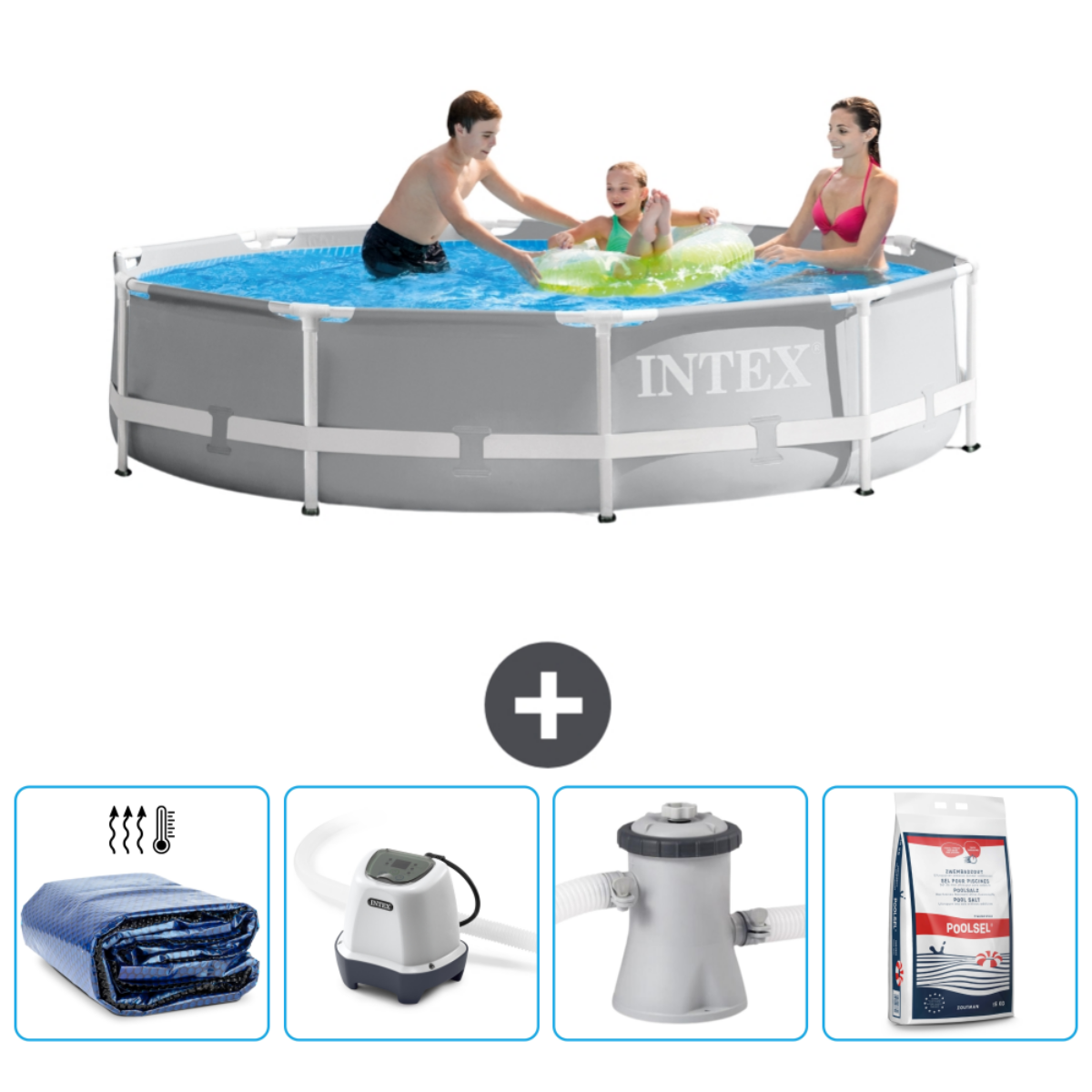 Personnes dans la piscine, avec accessoires, dont une bâche, une pompe, un filtre et du sel.