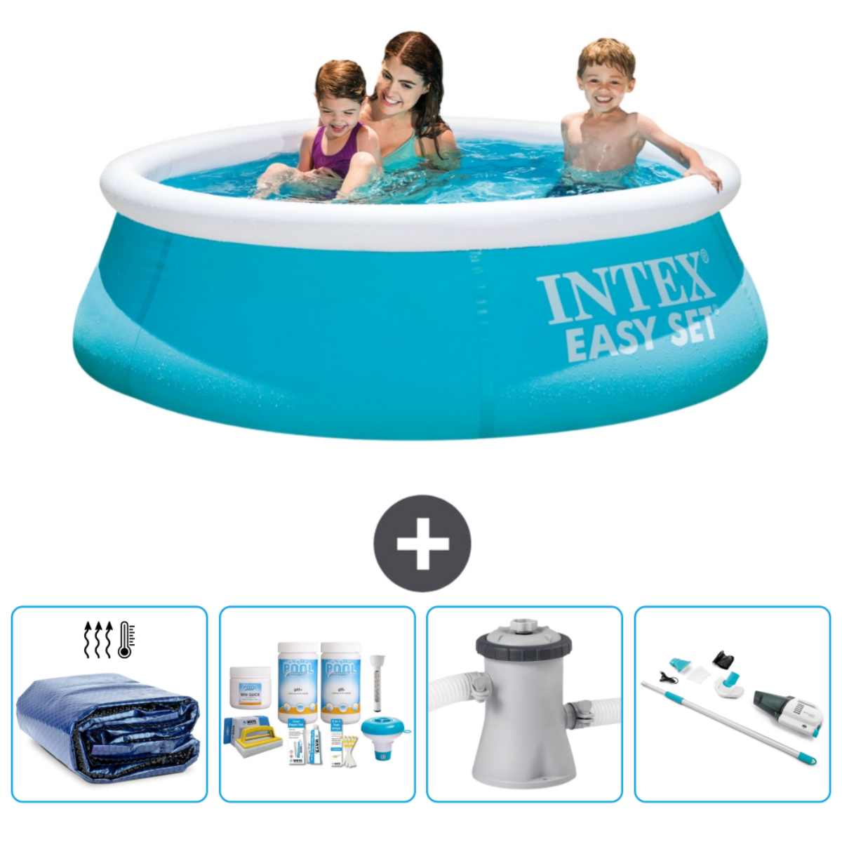 Drie personen in een blauw rond zwembad. Inclusief een afdekking, chemicaliën, filter en reinigingsset.