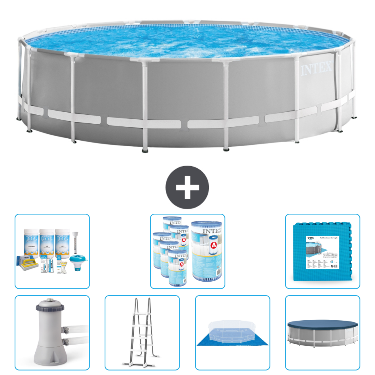 Grijze Intex-zwembad met water. Inclusief chemicaliën, ladder en een mat.