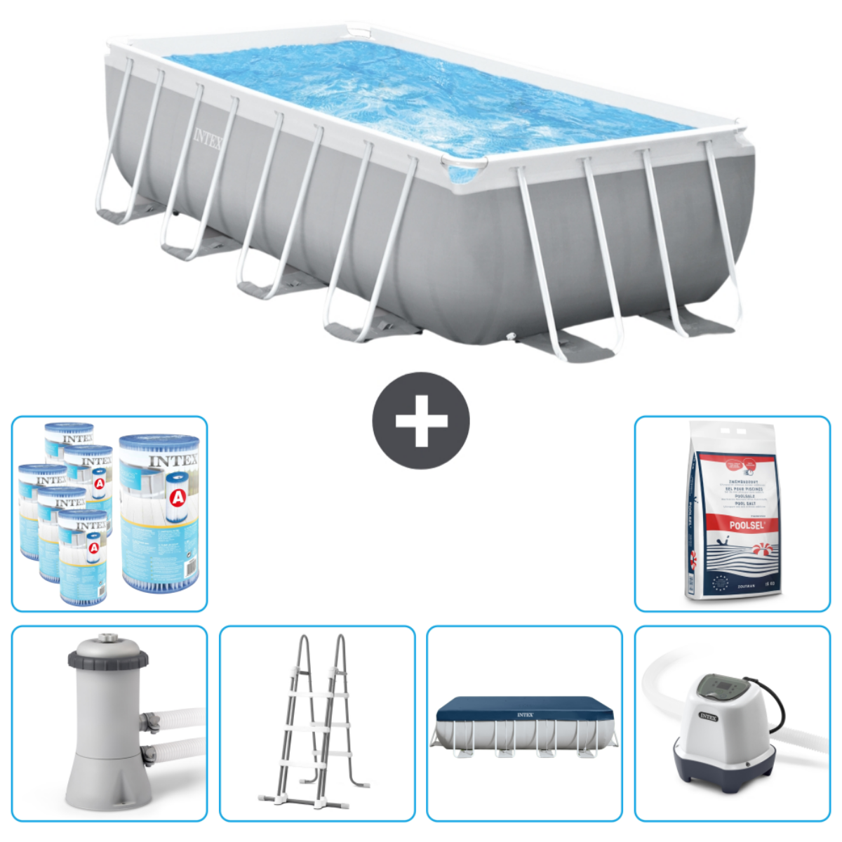 Piscine rectangulaire avec accessoires. La piscine a un cadre gris. Les accessoires incluent des produits chimiques, un filtre et une échelle.