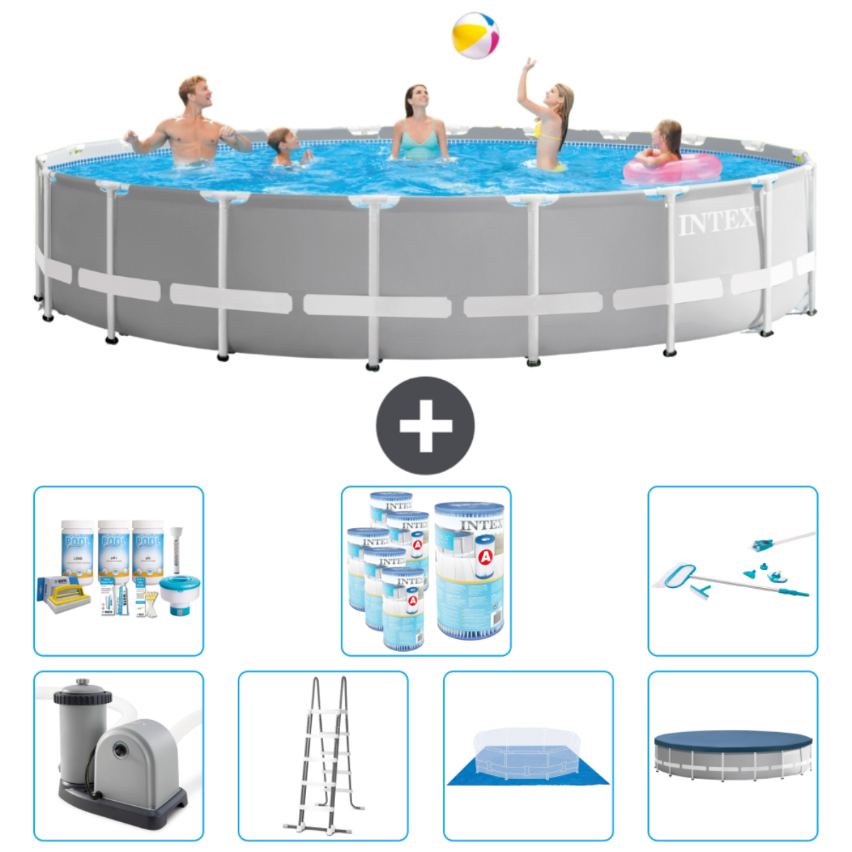 Circular pool with people and a ball. Accessories: chemicals, ladder, cleaning tools, and cover.