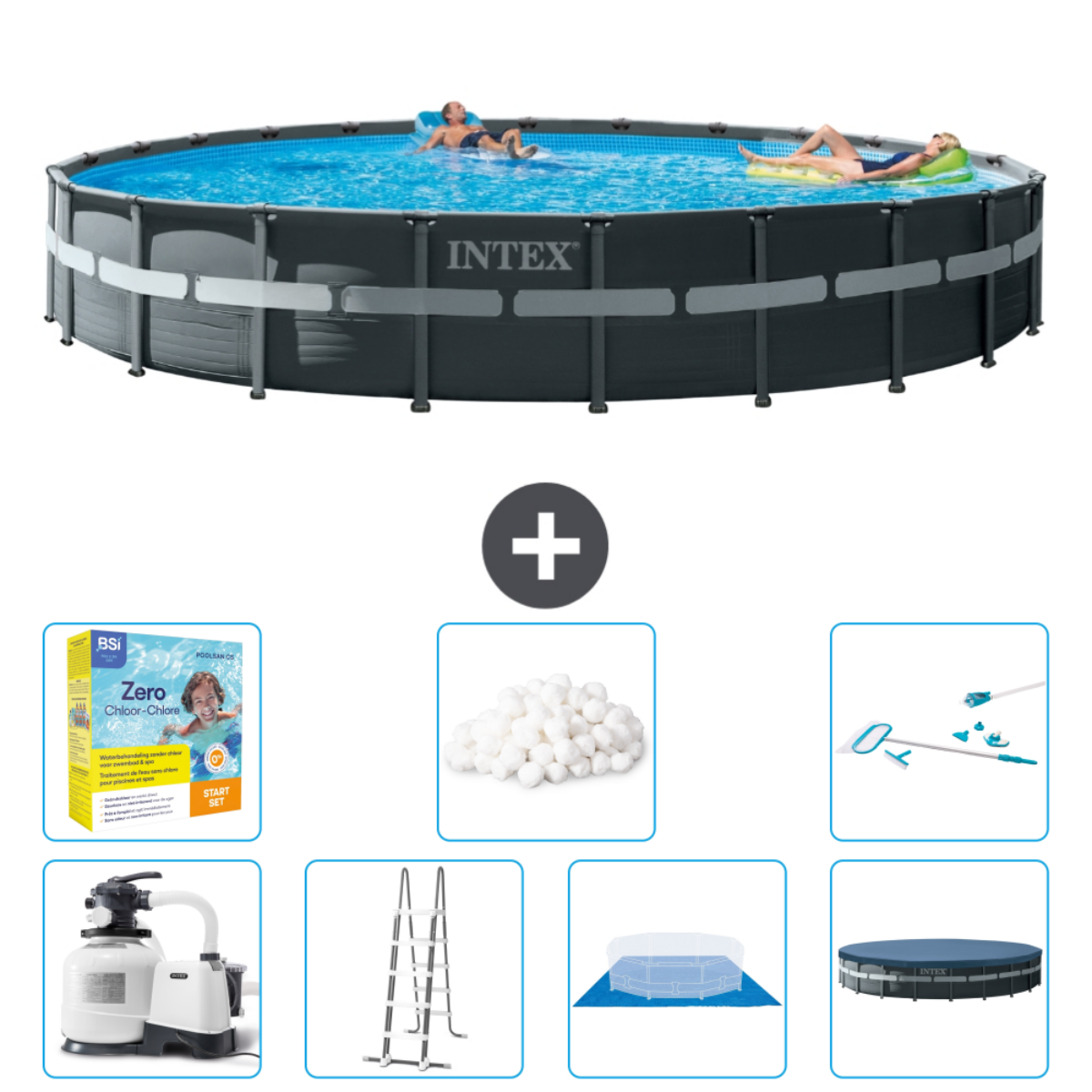 Rond Intex zwembad met mensen. Inclusief accessoires, filter, afdekzeil en chemicaliën. Mensen zwemmen.