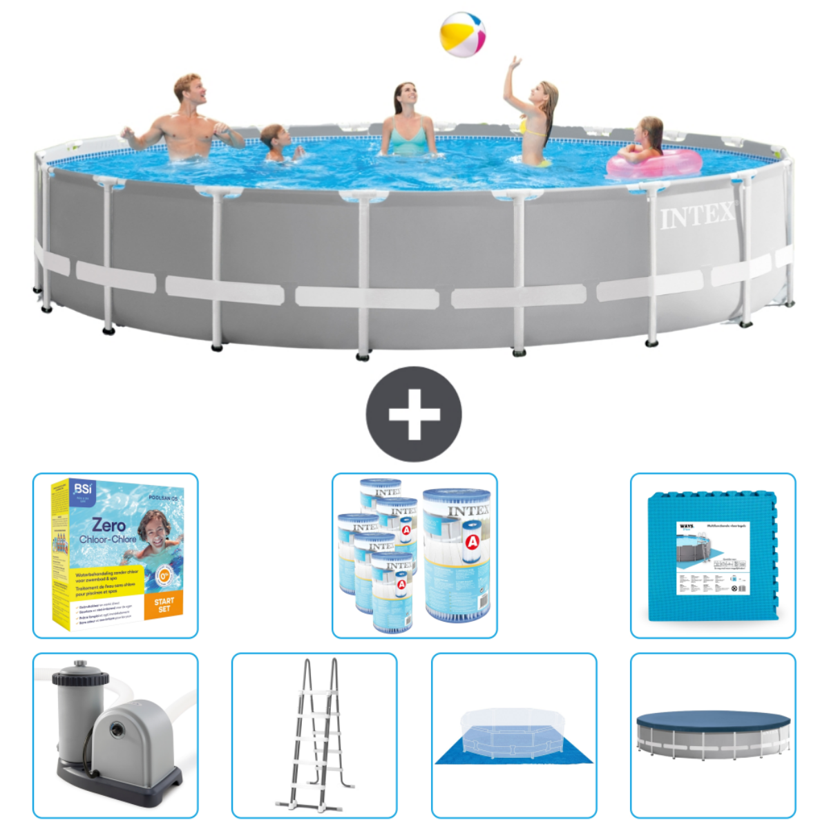 Grijs rond zwembad met zes personen, accessoires: chloor, pomp, ladder, afdekzeil en matten.
