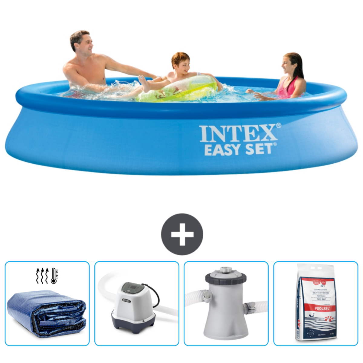 Piscine ronde bleue avec des personnes. Couverture, pompe et produits chimiques.
