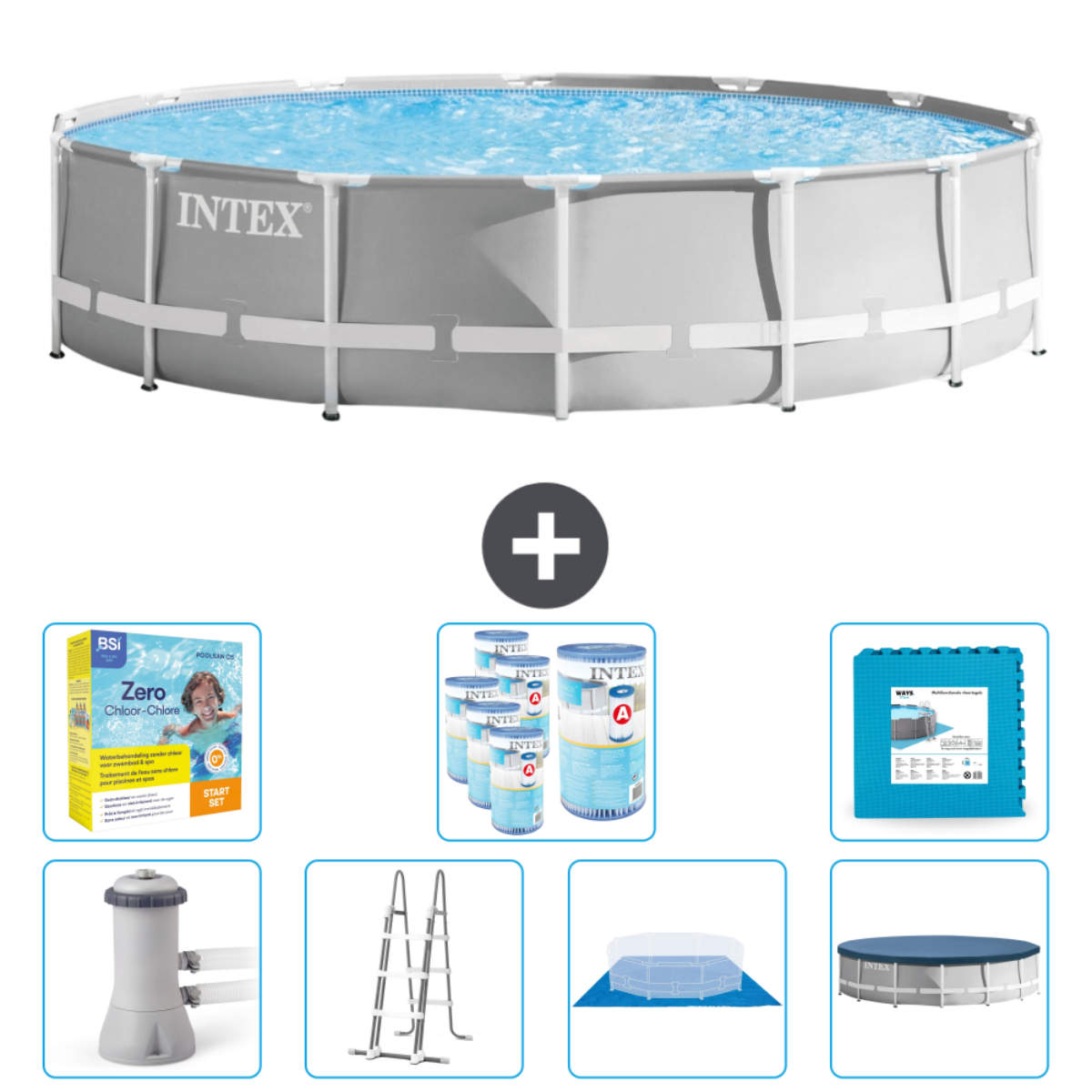 Round Intex pool with equipment, chemicals, and cleaning accessories displayed.