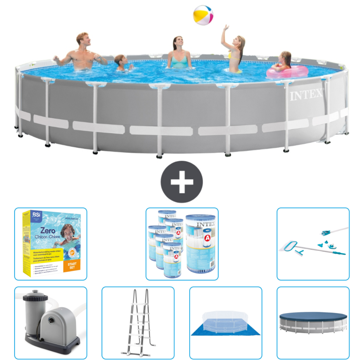 Mensen in een rond zwembad, plus accessoires. Er wordt een bal gegooid, chemicaliën, schoonmaakgereedschap, filters, ladder en afdekkingen worden getoond.
