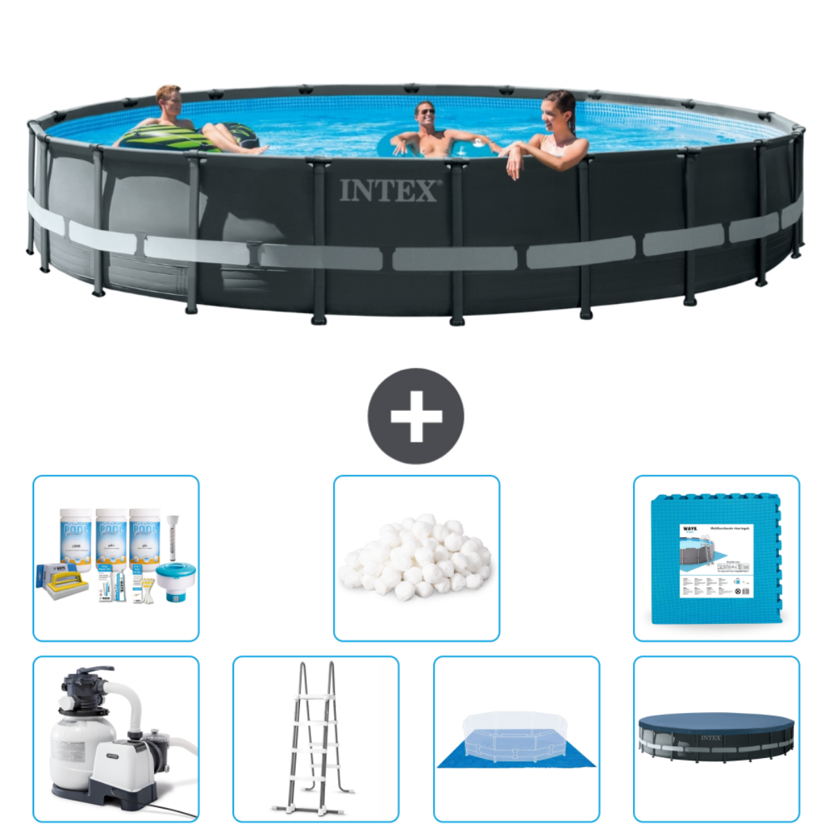 Personnes dans piscine Intex avec accessoires. Inclut produits chimiques, échelle, filtre et balles spa.