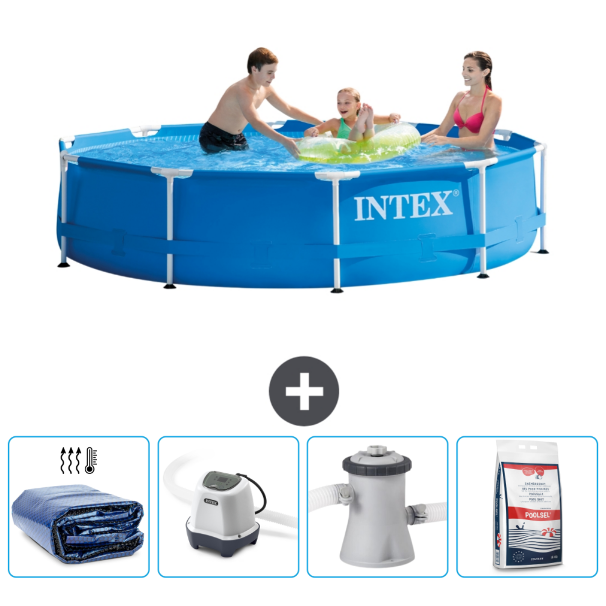 Trois personnes dans une piscine bleue. Les accessoires incluent des produits chimiques, un filtre et une couverture.