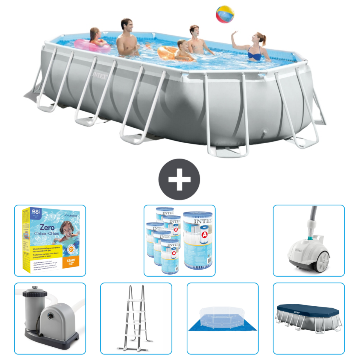 Rechthoekig Intex zwembad met mensen. Inclusief accessoires, filter, afdekzeil en chemicaliën. Mensen spelen.